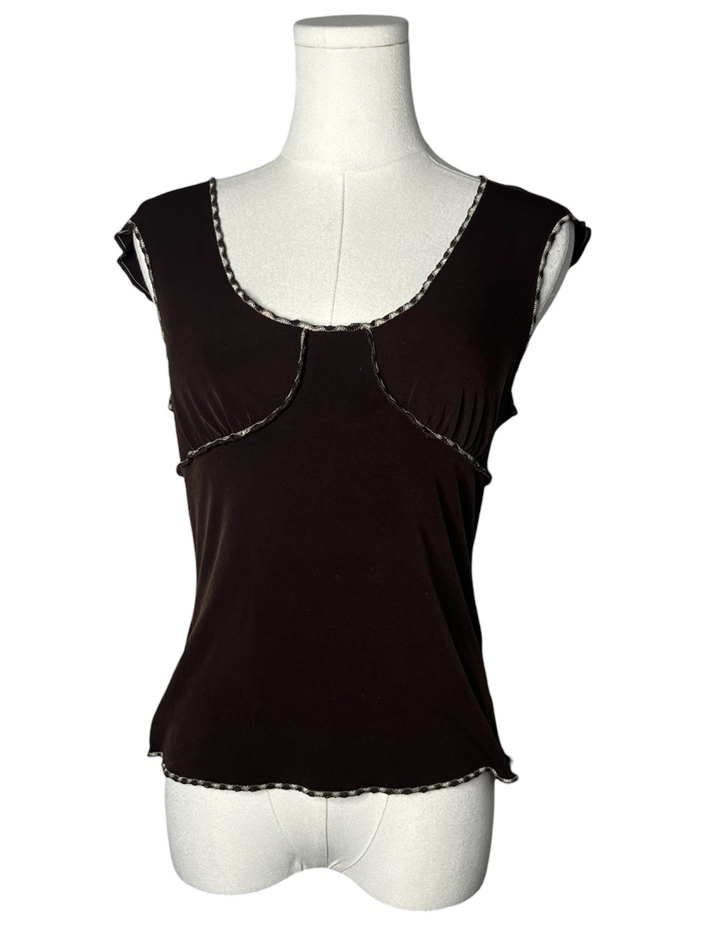 Y2K Vintage Max Studio Chocolate Brown Cap Sleeve Contrast Stitch Babydoll Top